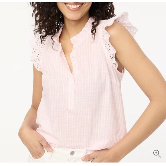 J Crew Top 3X Pink White Stripe Ruffle Eyelet Flutter Sleeve Washable Cotton - Picture 1 of 13